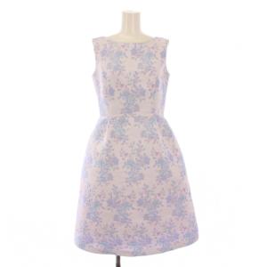 フレアワンピース ひざ丈 ノースリーブ クルーネック ジャガード 花柄 0 紫 パープル 水色 ライトブルー