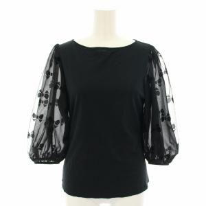 カットソー ブラウス ボートネック 七分袖 袖リボン柄 40 黒 ブラック YB-815105 /YT