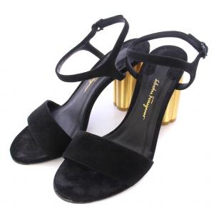 ストラップサンダル アンクル ラウンドトゥ チャンキーヒール スエード バイカラー 6 黒 ブラック ゴールドカラー