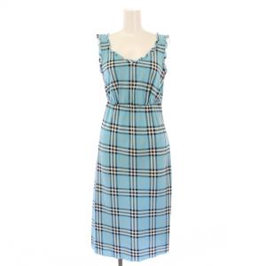 タイトワンピース ひざ丈 ノースリーブ Uネック チェック柄 38 水色 ライトブルー /BB