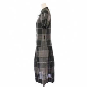 BURBERRY LONDON フレアワンピース シャツ ひざ丈 半袖 バンドカラー チェック柄 シルク混 36 黒 ブラック /BB