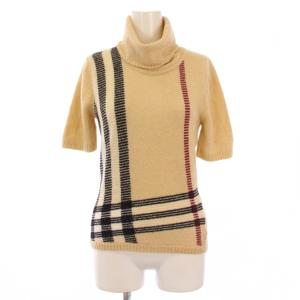 ニット 半袖 タートルネック ストレッチ チェック柄 1 ベージュ /BB