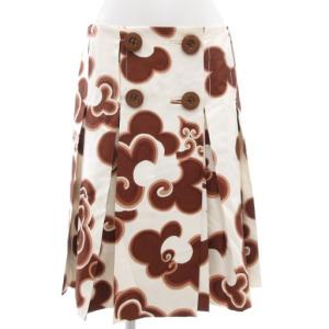 フレアスカート タック ひざ丈 38 白 ホワイト 茶 ブラウン 総柄 /GV