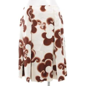 Chloe フレアスカート タック ひざ丈 38 白 ホワイト 茶 ブラウン 総柄 /GV