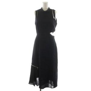 ワンピース ロング丈 ノースリーブ ジップ レース 切替 絹 シルク 2 紺 ネイビー /AN21