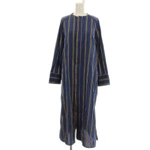 シャツワンピース 0201407311 ストライプ ノーカラー ロング ワンピース 長袖 F 青 ブルー