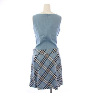 BURBERRY BLUE LABEL タイトワンピース ひざ丈 プリーツ ノースリーブ ボートネック ロゴ 刺繍 ノバチェック柄 ベルト 38