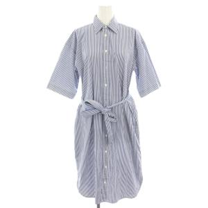 シャツワンピース ミモレ ロング ストライプ 半袖 リボン 4 青 ブルー 白 ホワイト 0200011420
