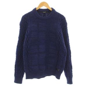テクニカルヤーンアランニット セーター 長袖 クルーネック ケーブル チェック M 紺 ネイビー 51N14-424-28