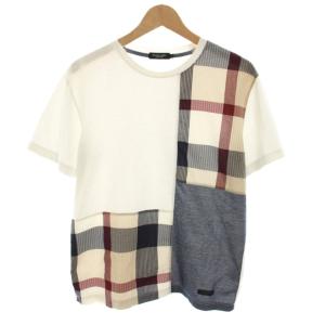 Tシャツ カットソー クルーネック 半袖 チェック柄切替 麻 リネン混 M 白 ホワイト ベージュ 51P50-340-02