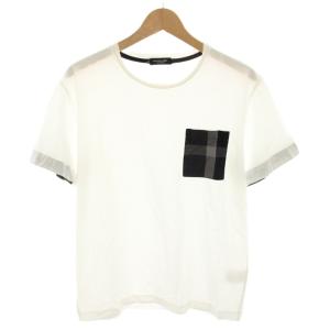 Tシャツ カットソー クルーネック 半袖 胸ポケットチェック柄 M 白 ホワイト 黒 ブラック 51P12-712-02