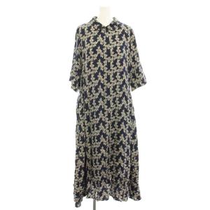 ワンピース ロング 七分袖 ペチコート付き 総柄 38 紺 ネイビー 白 ホワイト 黄 イエロー B5532FOP036