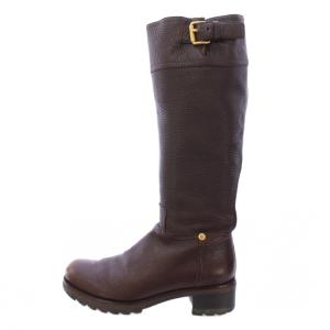 ロングブーツ ラウンドトゥ ローヒール レザー ベルト 37 茶 ブラウン /BB