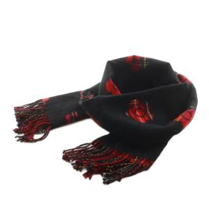 マフラー ストール フリンジ チェック柄 デイジー柄 赤 レッド 黒 ブラック /AN16