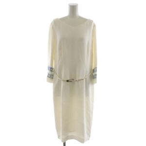 FASHION ワンピース ロング丈 7分袖 袖柄 ベルト付き 42 白 ホワイト 青 ブルー 0390350