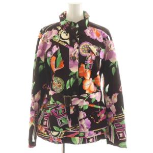 ジャケット コーデュロイ 花柄 香水柄 ベルト付き 40 マルチカラー 茶 ブラウン 紫 パープル 緑