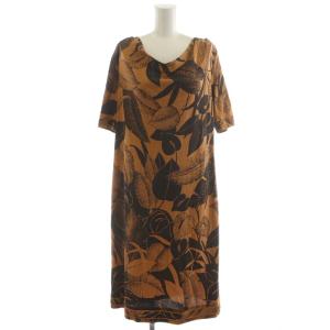 ワンピース ひざ丈 半袖 総柄 コットン 42 茶 ブラウン 黒 ブラック 0370611 /AN28