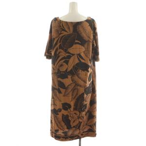 LEONARD ワンピース ひざ丈 半袖 総柄 コットン 42 茶 ブラウン 黒 ブラック 0370611 /AN28