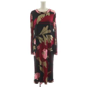 ワンピース ロング丈 長袖 花柄 シルク 絹 44 ボルドー ピンク 黒 ブラック /AN26