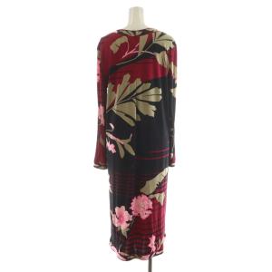 LEONARD ワンピース ロング丈 長袖 花柄 シルク 絹 44 ボルドー ピンク 黒 ブラック /AN26