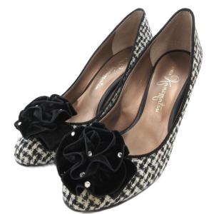 美品 パンプス ツイード チェック ビジュー装飾 23.5cm 白 ホワイト 黒 ブラック /BS