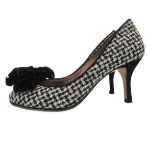 GINZA Kanematsu 美品 パンプス ツイード チェック ビジュー装飾 23.5cm 白 ホワイト 黒 ブラック /BS