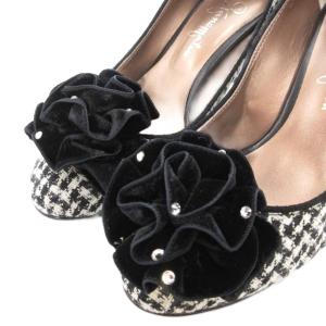 GINZA Kanematsu 美品 パンプス ツイード チェック ビジュー装飾 23.5cm 白 ホワイト 黒 ブラック /BS