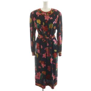 ワンピース ロング丈 長袖 花柄 ウール 絹 シルク混 M ピンク 赤 レッド 黒 ブラック /AN36