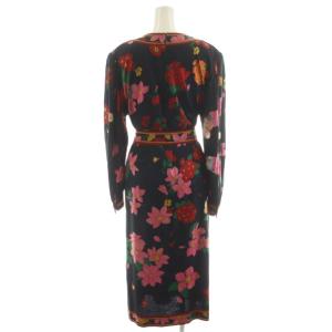 LEONARD ワンピース ロング丈 長袖 花柄 ウール 絹 シルク混 M ピンク 赤 レッド 黒 ブラック /AN36