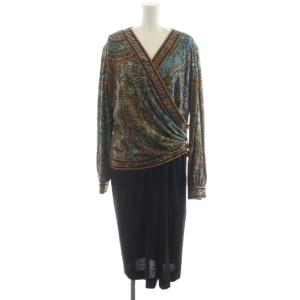 ワンピース ロング丈 長袖 花柄 カシュクール 切替 ウール 絹 シルク混 LL 茶 ブラウン 黒 ブラック