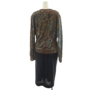 LEONARD ワンピース ロング丈 長袖 花柄 カシュクール 切替 ウール 絹 シルク混 LL 茶 ブラウン 黒 ブラック