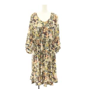 ワンピース ひざ丈 ラウンドカラー 長袖 総柄 プリント リボン FL5 黒 ブラック 茶 ブラウン 8611500