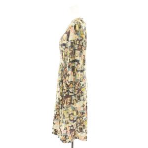 franche lippée ワンピース ひざ丈 ラウンドカラー 長袖 総柄 プリント リボン FL5 黒 ブラック 茶 ブラウン 8611500