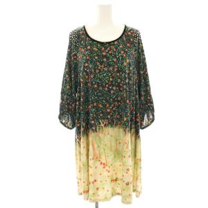 ざくろの花お上品ワンピース ミニ チュニック 七分袖 総柄 M 黒 ブラック 黄緑 イエローグリーン ベージュ