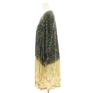 franche lippée ざくろの花お上品ワンピース ミニ チュニック 七分袖 総柄 M 黒 ブラック 黄緑 イエローグリーン ベージュ