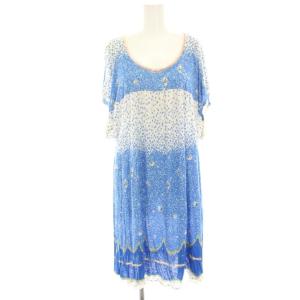 ワンピース ひざ丈 半袖 総柄 麻 リネン混 レース M 青 ブルー 白 ホワイト 421166 /HN