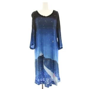 ワンピース ロング ミモレ 七分袖 シンデレラ柄 総柄 プリント ウール混 FL5 黒 ブラック 青 ブルー