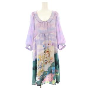 black 春アリスたぽワンピース ひざ丈 七分袖 総柄 プリント M 紫 パープル 8310500 /HN