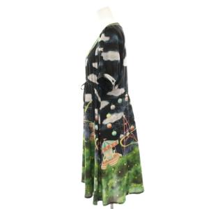 franche lippée ワンピース ひざ丈 半袖 パフスリーブ 遊園地柄 総柄 プリント M 黒 ブラック 緑 グリーン 7110840