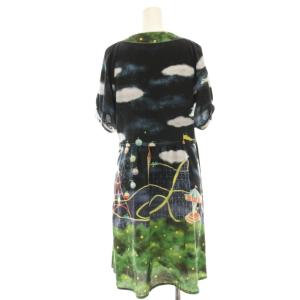 franche lippée ワンピース ひざ丈 半袖 パフスリーブ 遊園地柄 総柄 プリント M 黒 ブラック 緑 グリーン 7110840