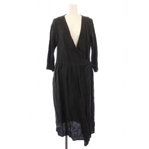 フレアワンピース ラップ 巻き ミモレ ロング 長袖 Vネック 麻 リネン F 黒 ブラック /BB