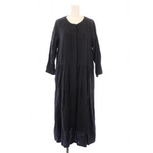 フレアワンピース ミモレ ロング 長袖 クルーネック 前開き F 紺 ネイビー /BB