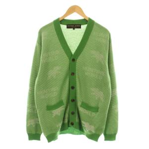 ニットカーディガン 長袖 Vネック ボーダー柄 ロゴ カシミヤ100% XL 緑 グリーン 640-86401