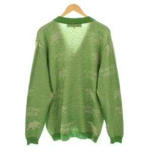 HUNTING WORLD ニットカーディガン 長袖 Vネック ボーダー柄 ロゴ カシミヤ100% XL 緑 グリーン 640-86401