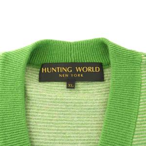 HUNTING WORLD ニットカーディガン 長袖 Vネック ボーダー柄 ロゴ カシミヤ100% XL 緑 グリーン 640-86401