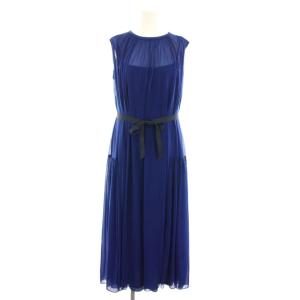 ワンピース ロング ラウンドネック ノースリーブ インナーワンピース付き リボンベルト 2 青 ブルー