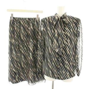 セットアップ 上下 ブラウス シャツ ボウタイ 長袖 スカート ロング フレア 総柄 絹 シルク 7 黒