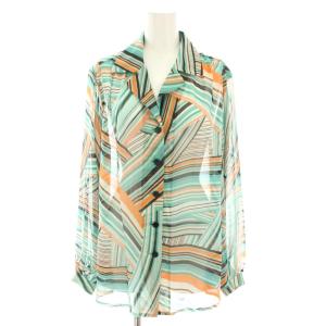 シアーシャツ ブラウス 長袖 マルチストライプ柄 絹 シルク M 緑 グリーン オレンジ 黒 ブラック