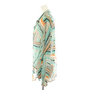 jun ashida シアーシャツ ブラウス 長袖 マルチストライプ柄 絹 シルク M 緑 グリーン オレンジ 黒 ブラック