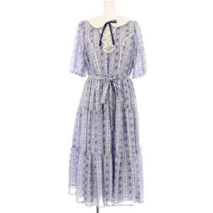 カワイイ kawaii プチローズ柄ワンピース ロング  半袖 丸襟 リボン パールボタン レース M